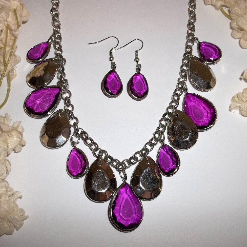 Purple And Silver Statement Teardrop Necklace Ear… - image 1